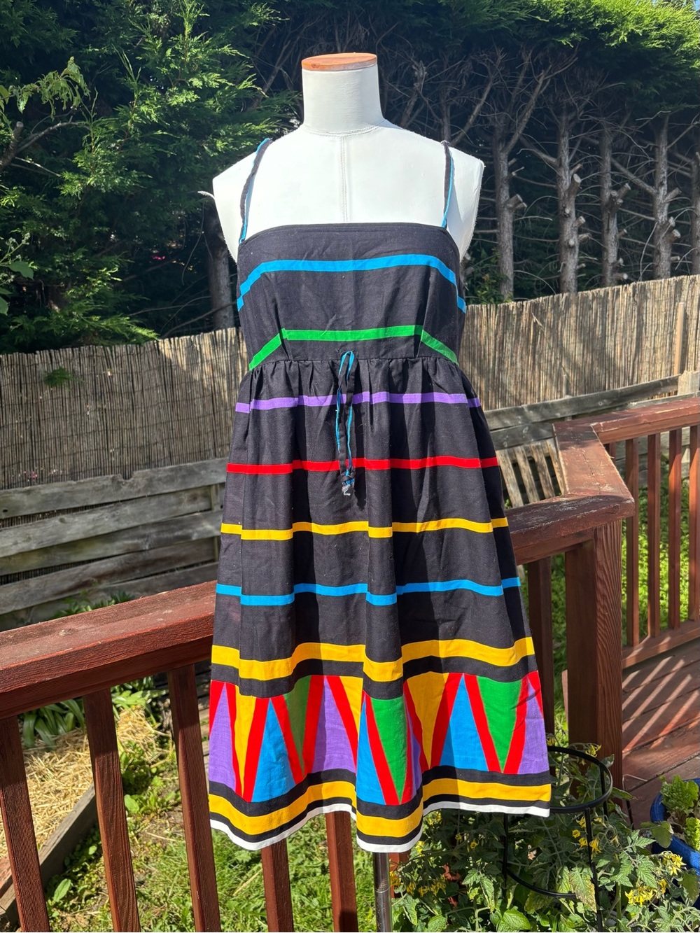 Vintage Colorful Striped Sundress with Geometric Hem